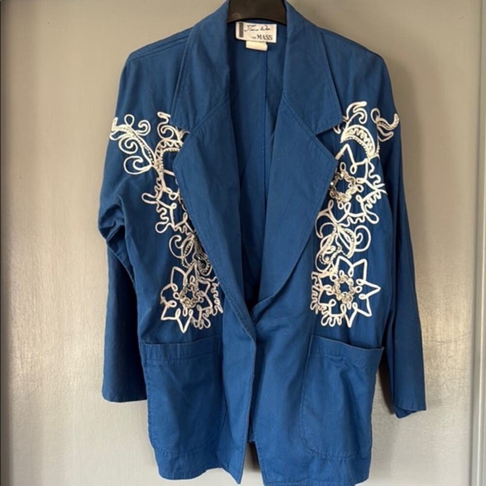 Vintage Tina Woo for Mass Blue Embellished Jacket One Button Pockets sz XL